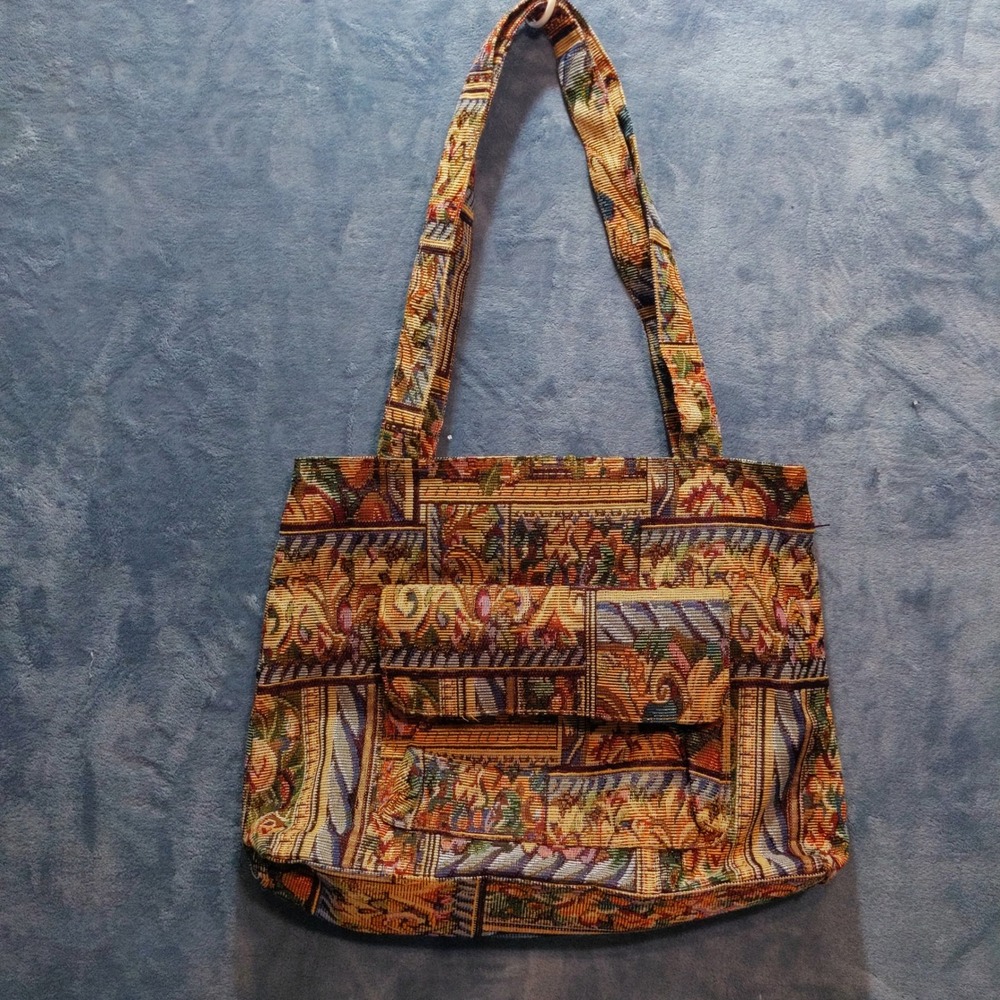 Vintage Woven Tapestry Tote Bag Floral Geometric Earthy Tones Shoulder Bag